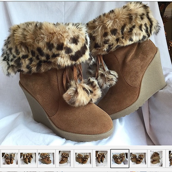 Vintage Colin Stuart LEOPARD Fur Top Booties Pom Pom Ties Wedge Heel Tan 6.5 - Picture 8 of 11